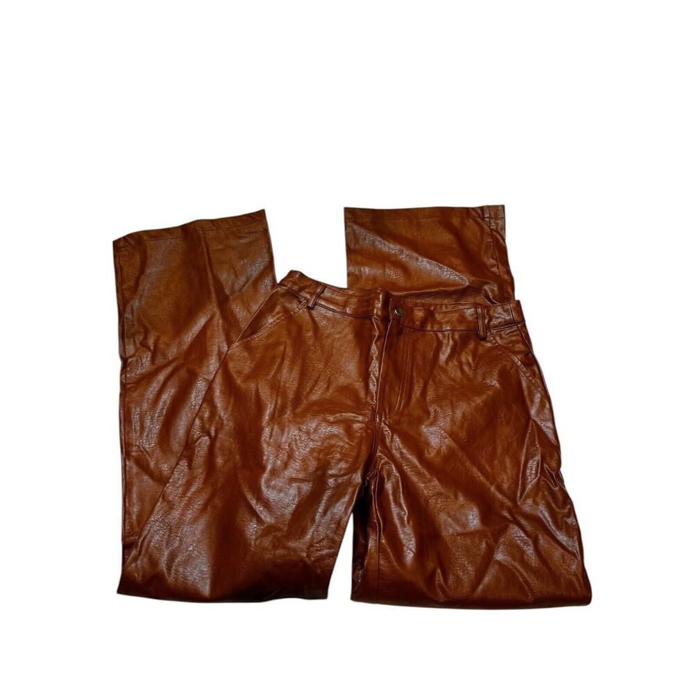 Princess Polly Faux Vegan Leather High-Waist Pants-Brown-Straight Leg L/ XL